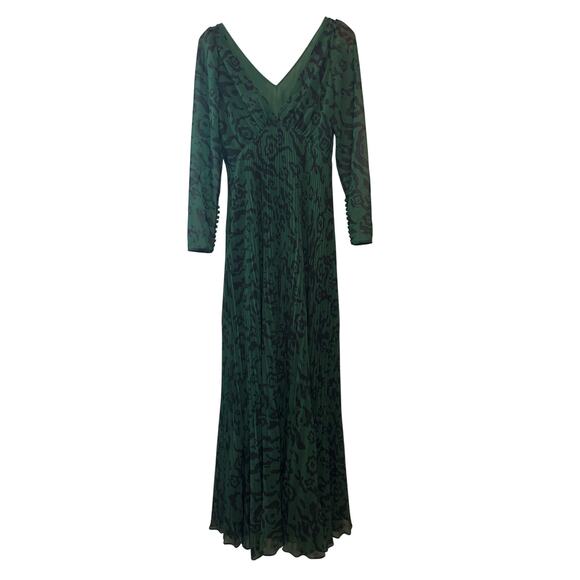 Self-Portrait Green Black Leopard Print Pleated Chiffon Maxi Dress Sz 4 Evening - Picture 4 of 9